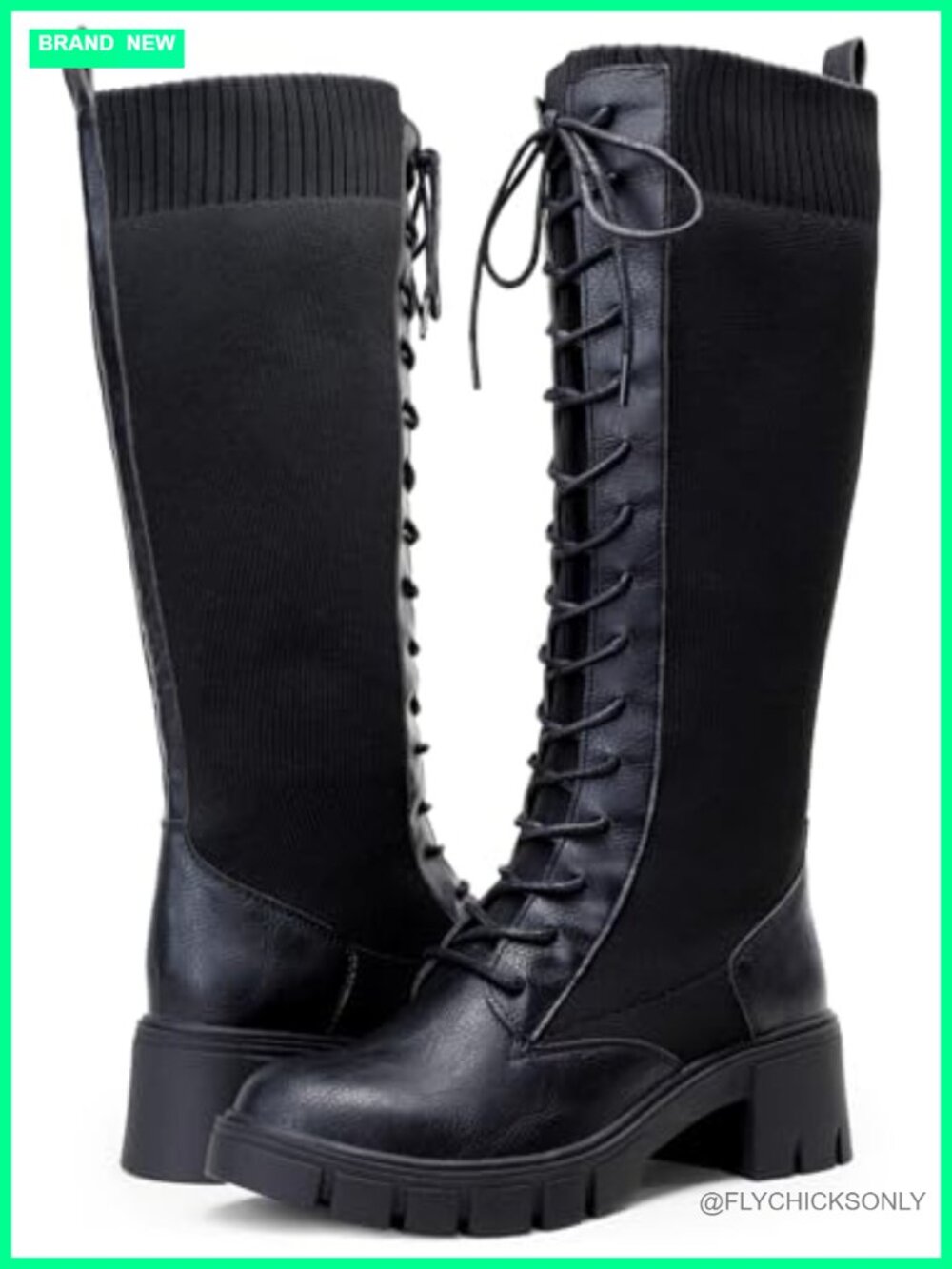 Womens Lace Up Platform Chunky Heel Knee High Combat Boots